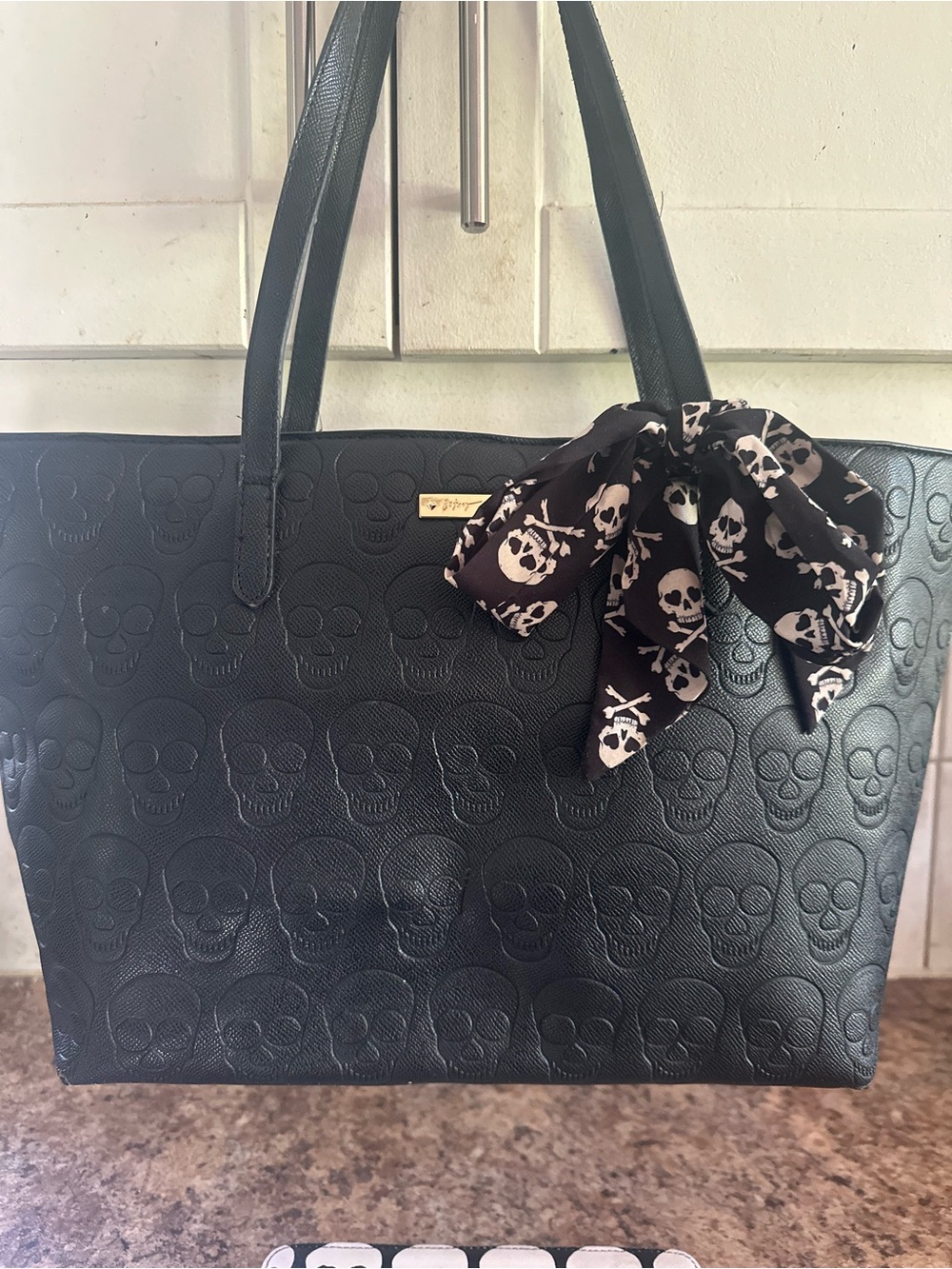 Betsey Johnson Black Skull-Embossed Tote Bag with Skull Scarf and skull wallet